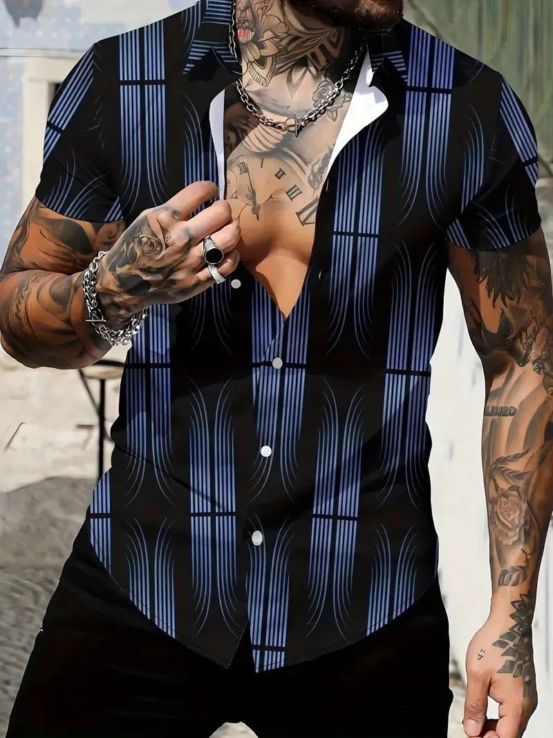 Men's geometric line print lapel collar short sleeve shirt in slim fit for summer casual wear