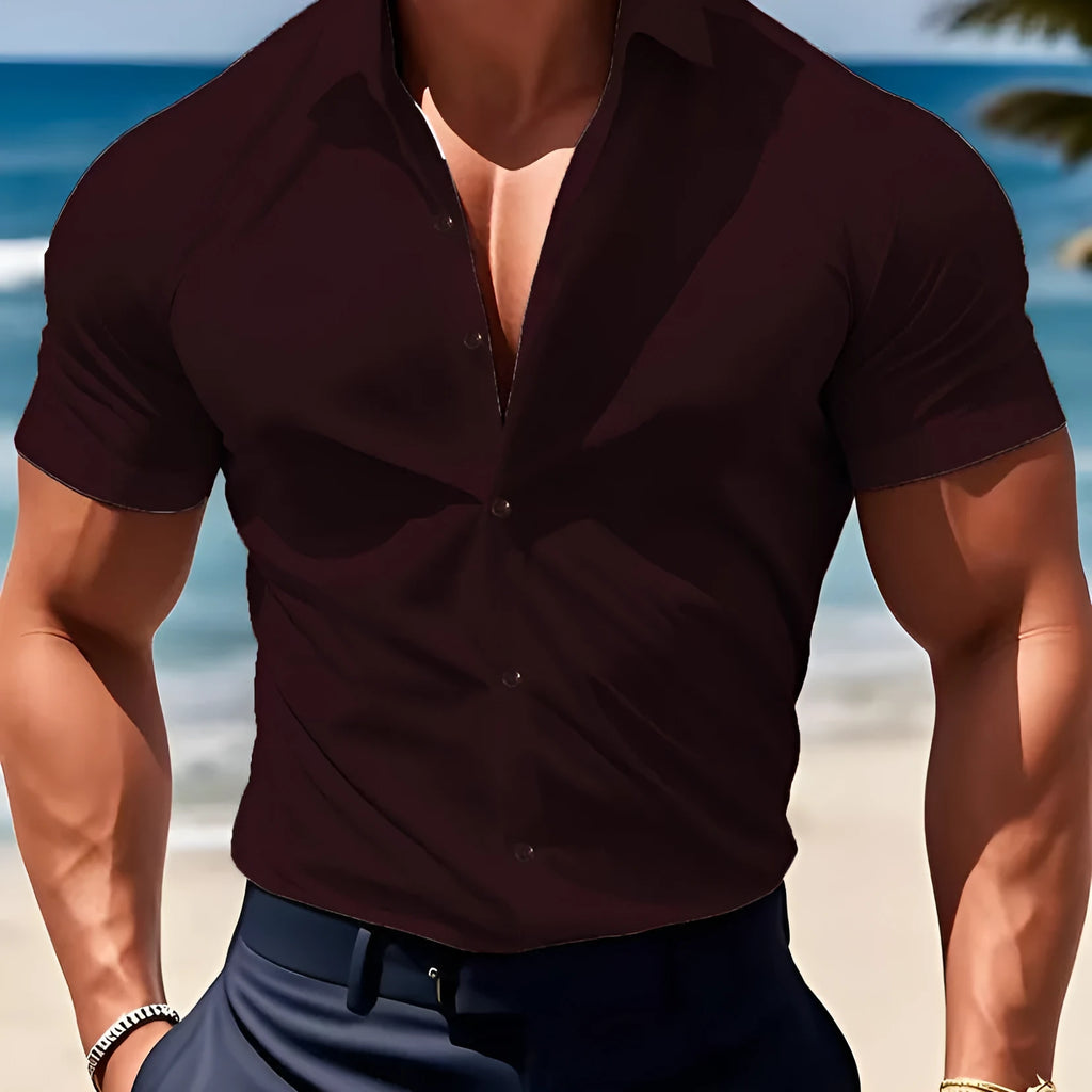 Men's short sleeve casual printed shirt in polyester available in multiple colours and sizes.
