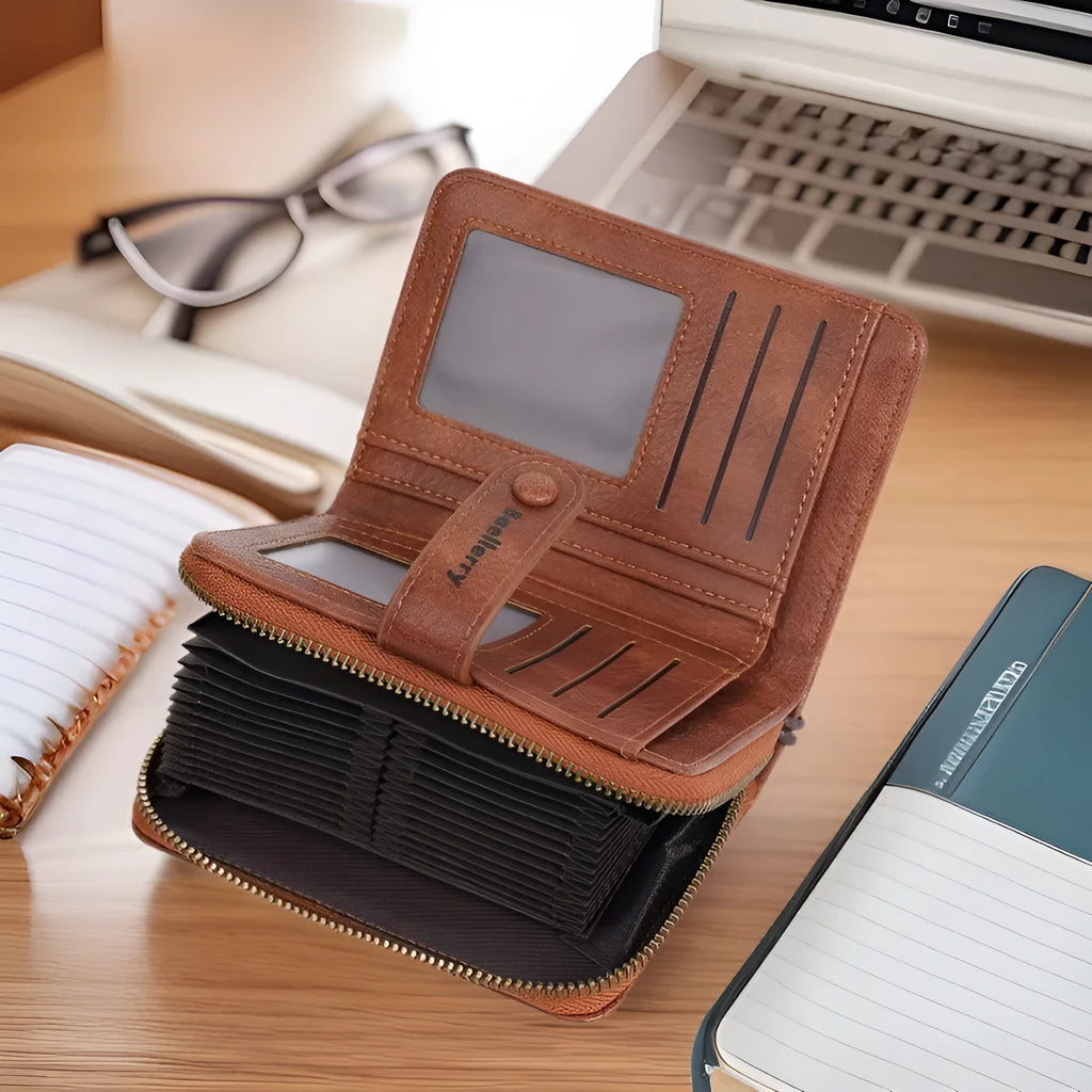 Women's black zip coin purse wallet with integrated card slots in PU leather