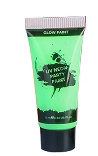 25ml squeeze tube of neon face paint in red, yellow, green, purple, orange, or pink for body art.