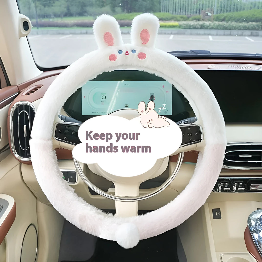 Plush cartoon animal embroidered steering wheel cover for winter, shown fitting a 38cm car steering wheel.
