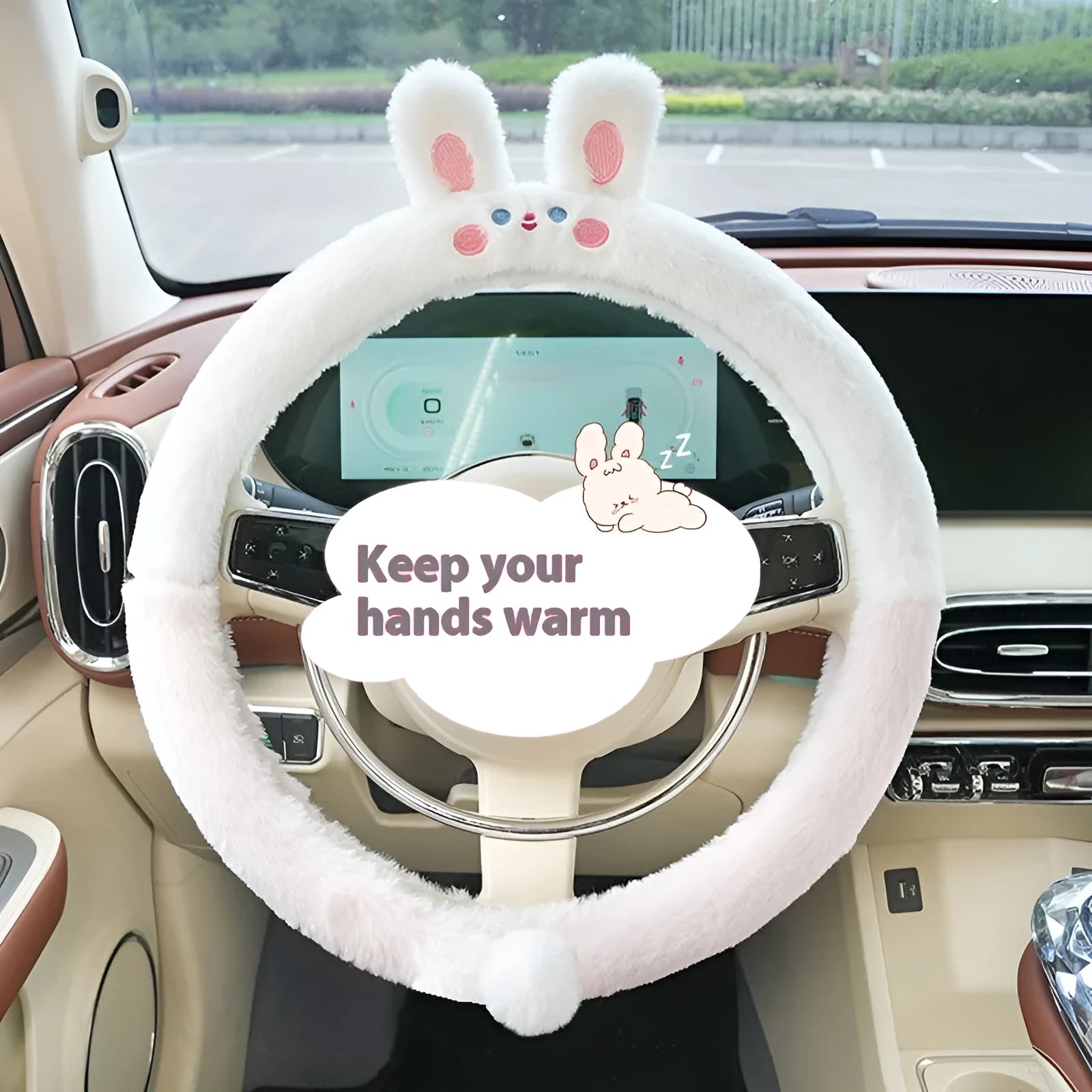 Plush cartoon animal embroidered steering wheel cover for winter, shown fitting a 38cm car steering wheel.