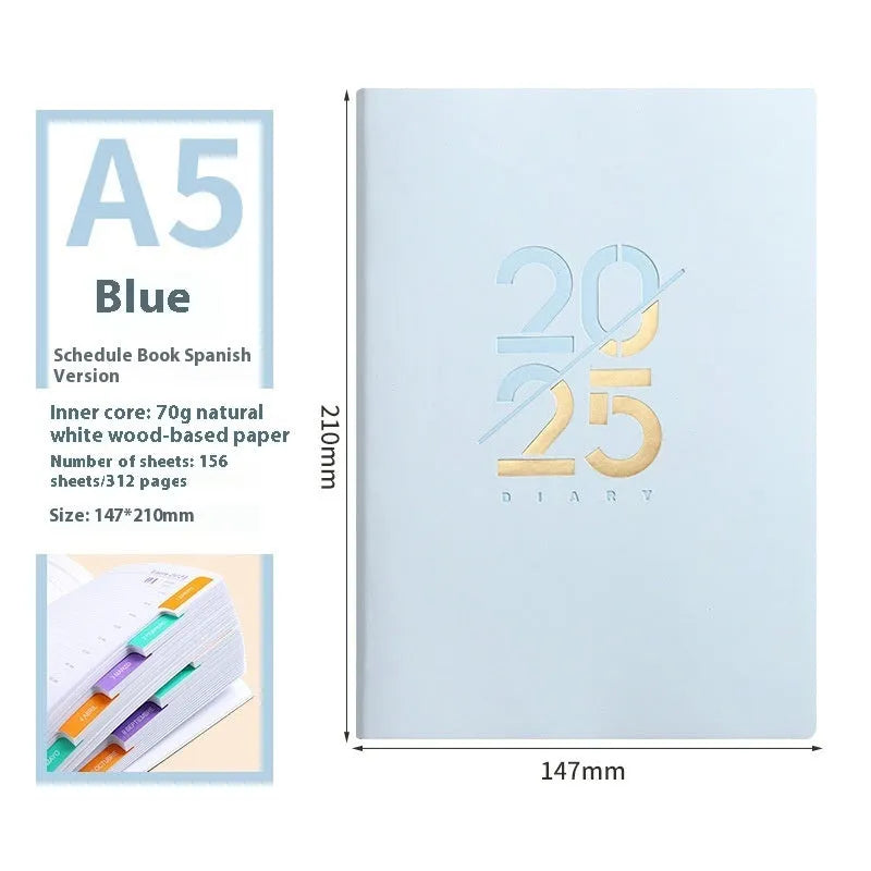 Soft leather A5 daily planner with 150 sheets open on desk showing Dorian paper and binding