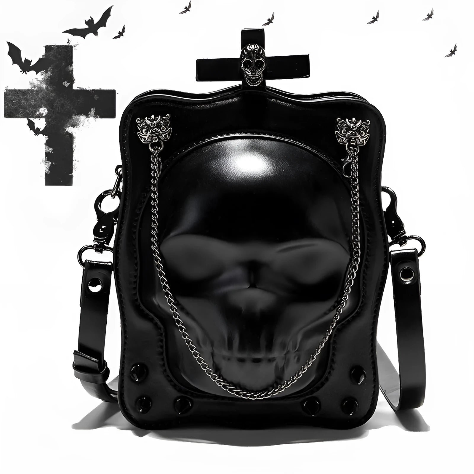 Black gothic crossbody bag with embossed skull design, chain strap and square shape