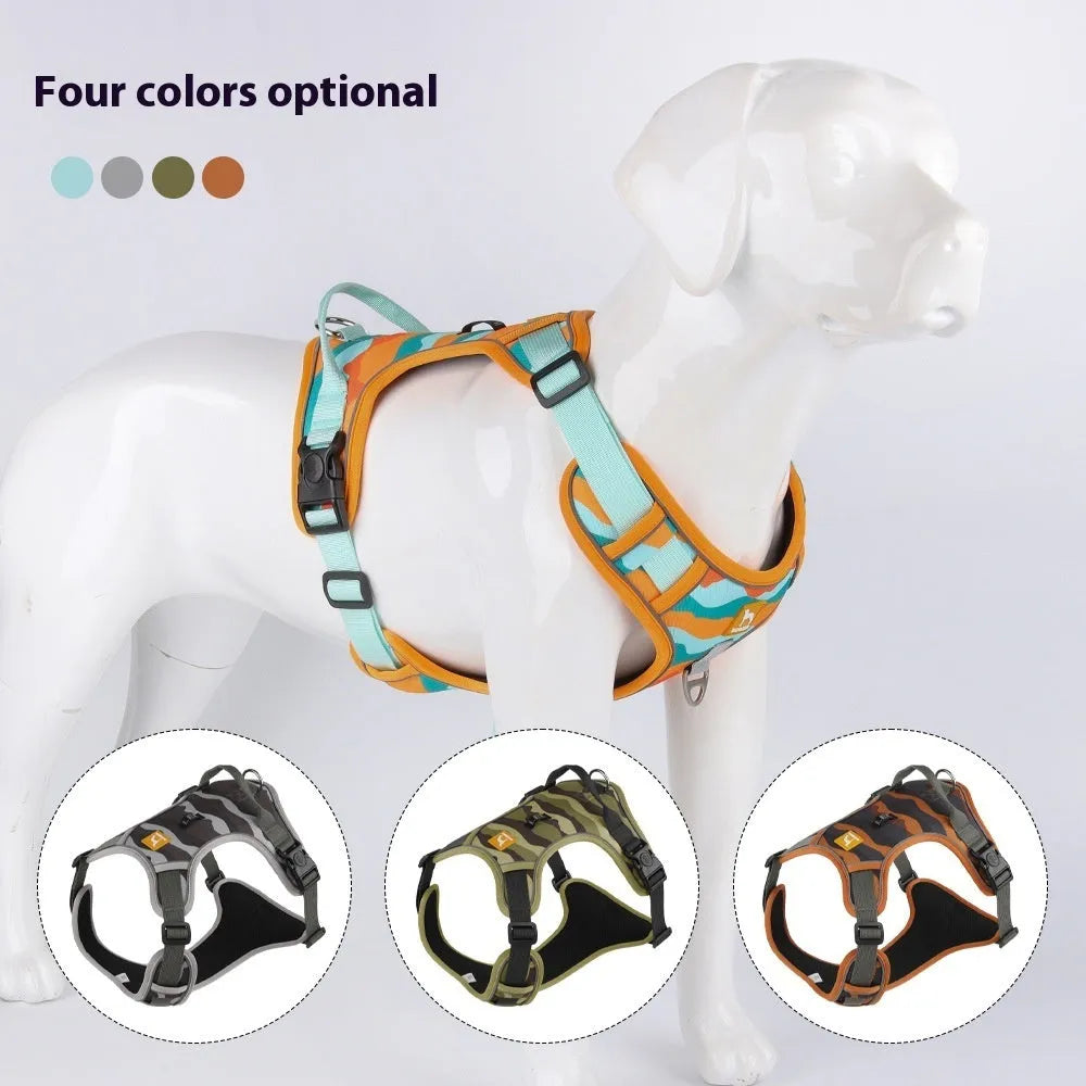 Reflective dog walking harness and lead set with hand holding rope in orange colour