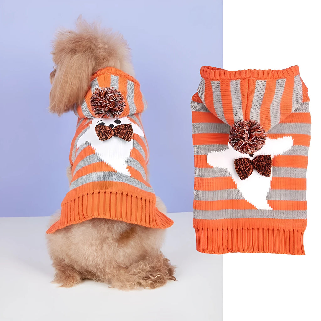 Orange striped hooded pet sweater with fur ball decoration for Halloween costumes