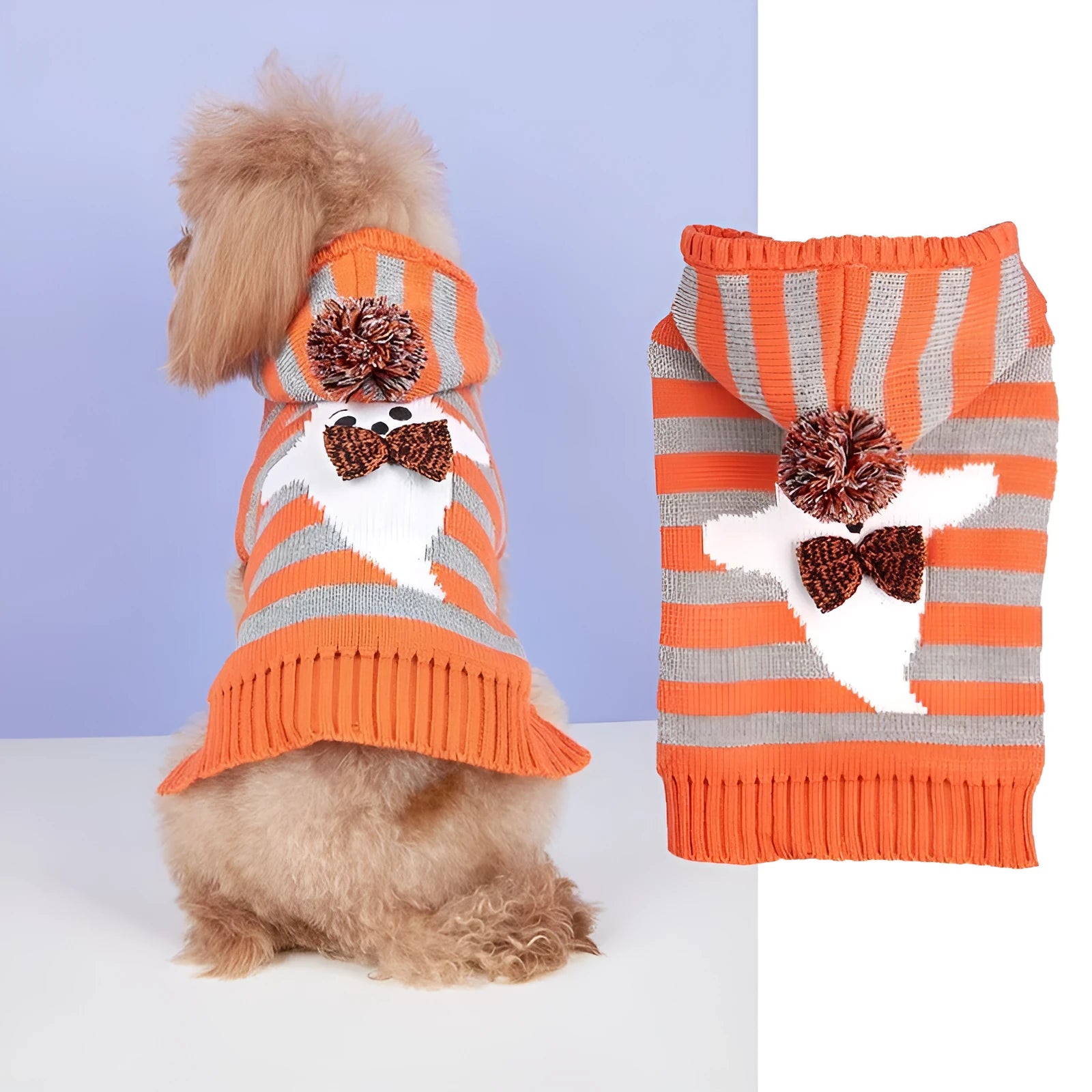 Orange striped hooded pet sweater with fur ball decoration for Halloween costumes