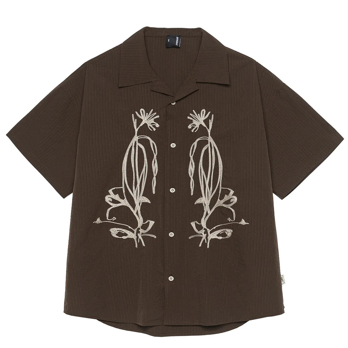 Brown striped short sleeve outdoor shirt with Cuban collar on a mannequin.