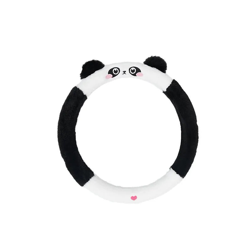 Plush cartoon animal embroidered steering wheel cover for winter, shown fitting a 38cm car steering wheel.