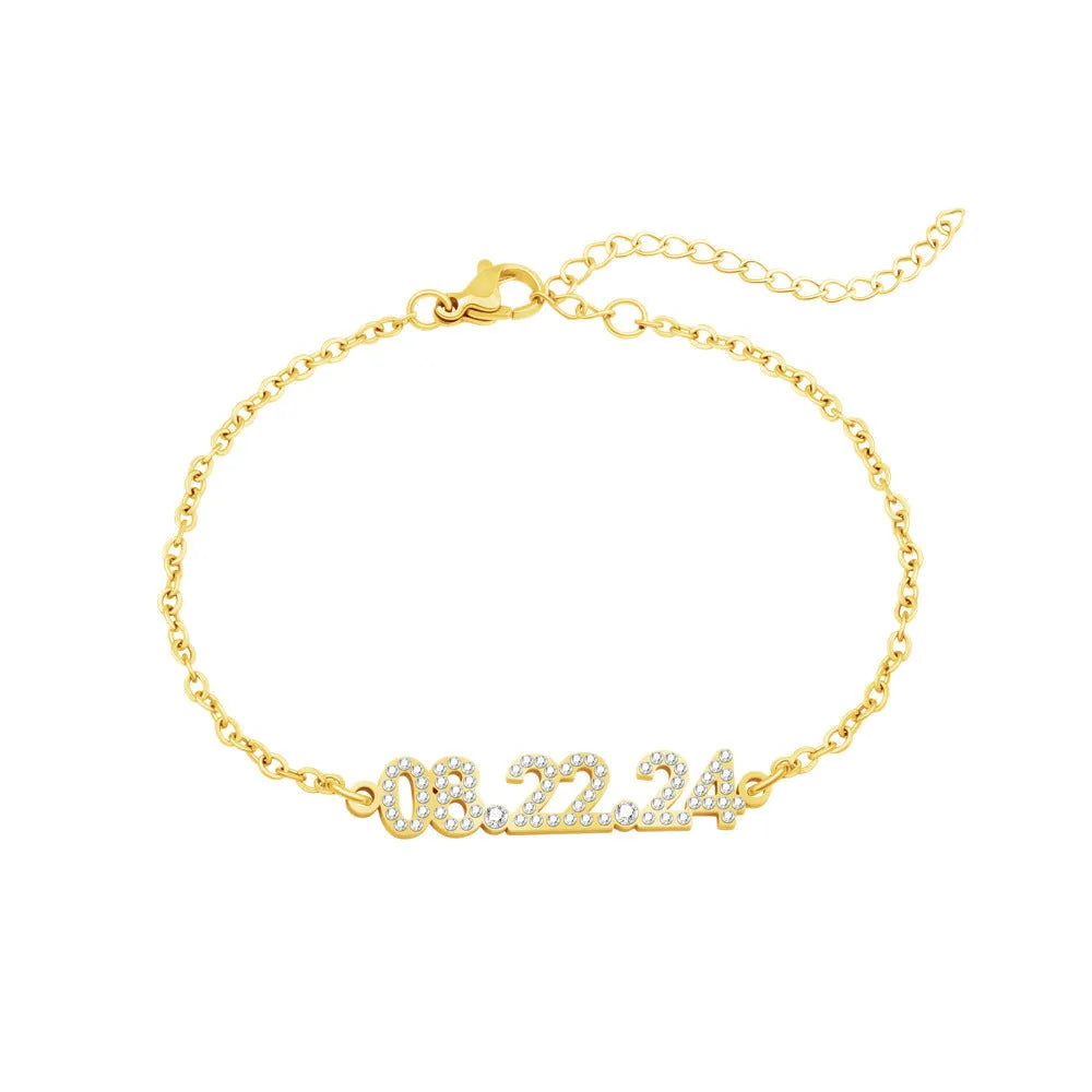 Stainless steel digital bracelet with diamond studded numbers in gold, rose gold or steel colour