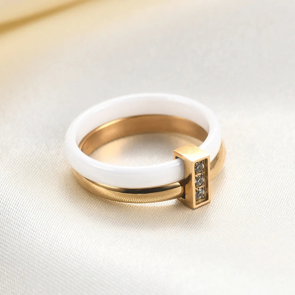 Ceramic women's ring with 6mm geometric band and glossy zirconium stitching in steel black or golden white