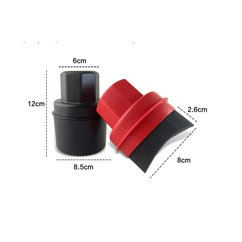 Black tyre polishing sponge brush with lid on a car tyre, showing high-density sponge applicator head.