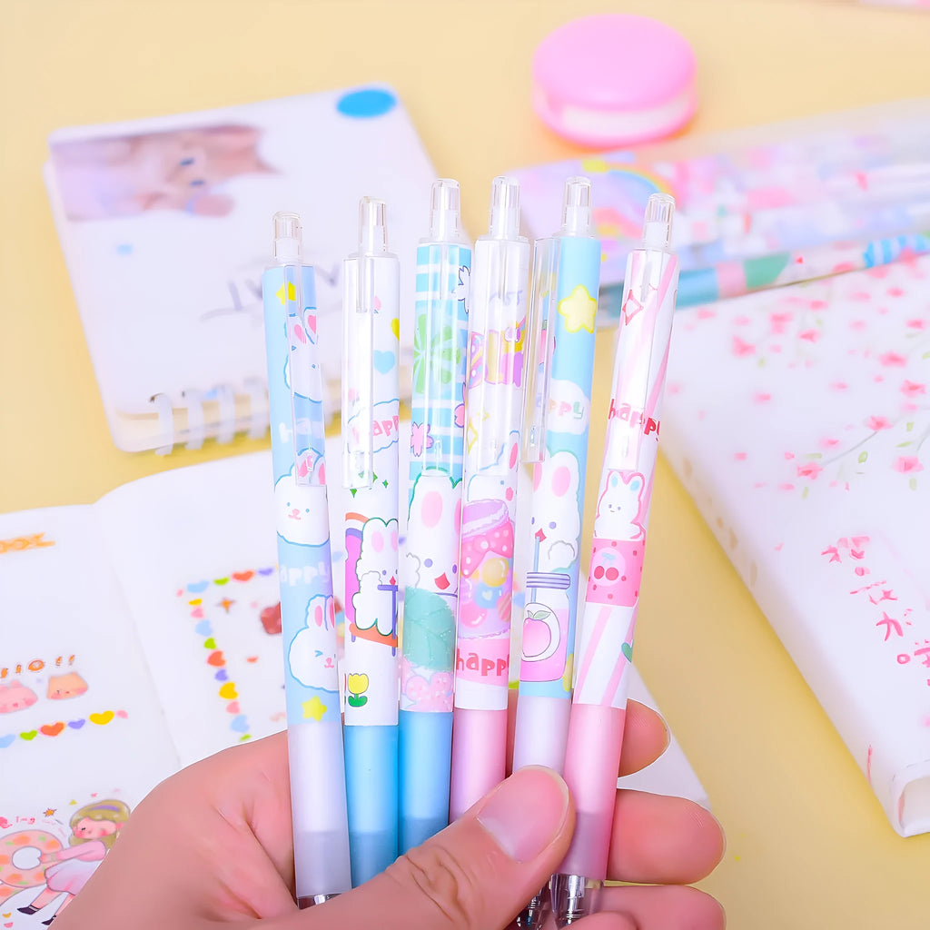 Six black student pens with 0.5mm tips and cartoon bunny design displayed in packaging