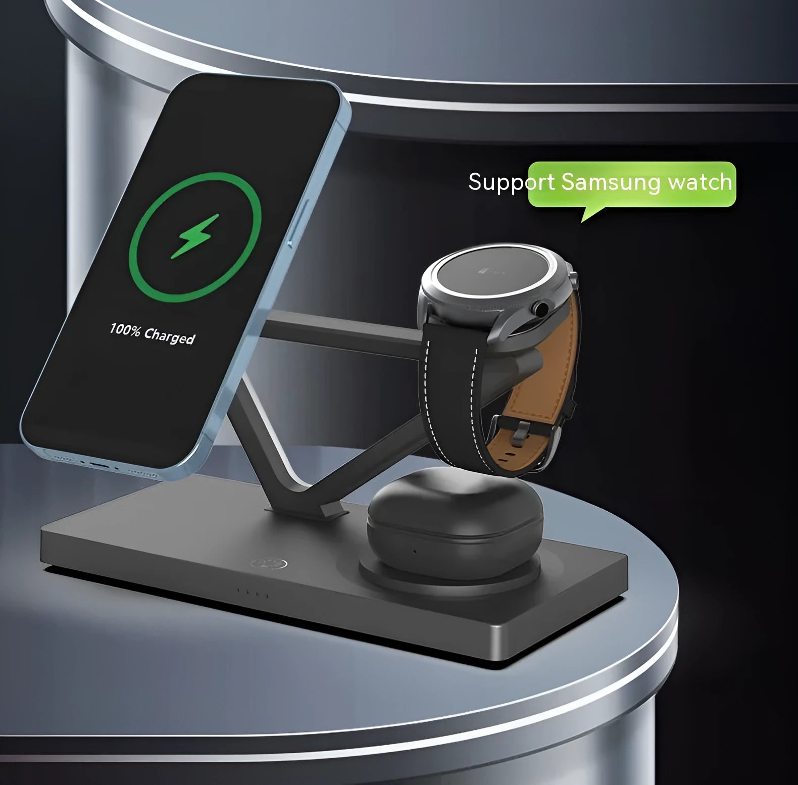 White five-in-one wireless charging station with magnetic phone bracket, circular pad, and watch dock, showing a night light glow.