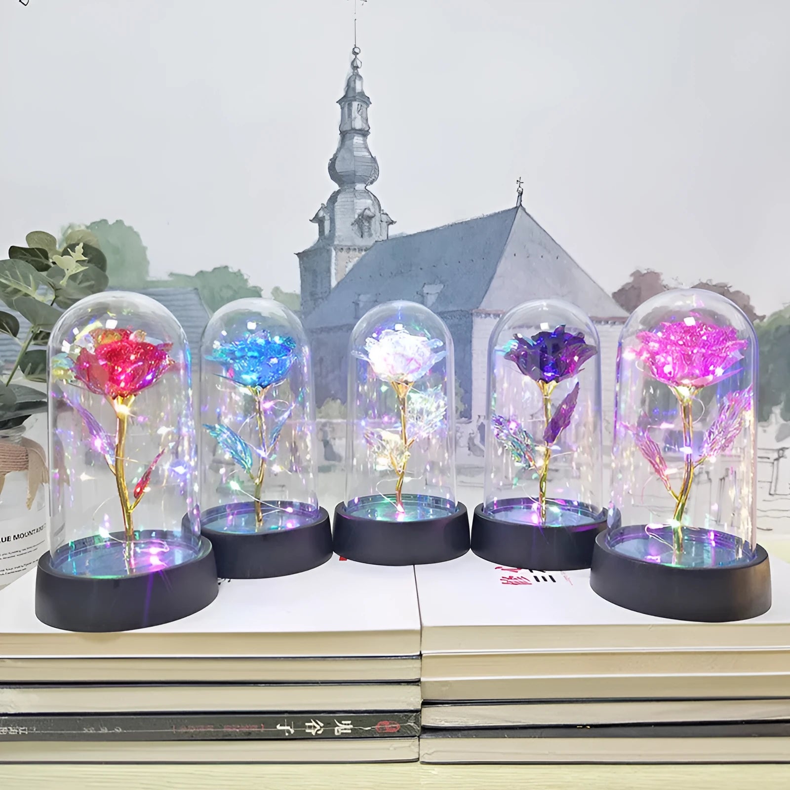 Small plastic night lamp with glass cover and decorative flowers, 15cm tall on black base