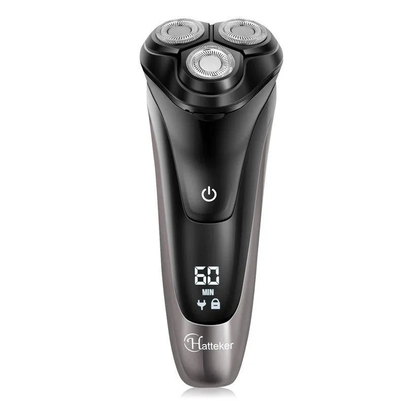 Men's electric shaver with three rotating floating cutter heads and pop-up sideburn trimmer