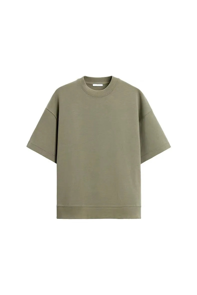 Loose double-sided cloth texture short sleeve top and matching shorts casual set on a hanger.