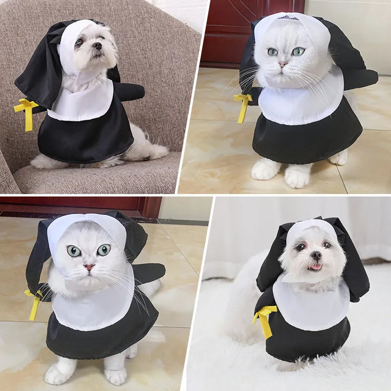 Black polyester nun costume for cats and dogs worn as Halloween pet dress up