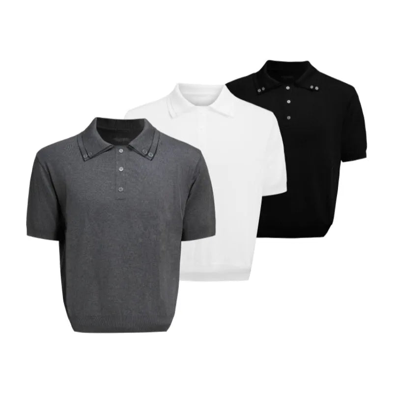 Men's grey slim fit short sleeve polyester shirt with a double collar and lapel design