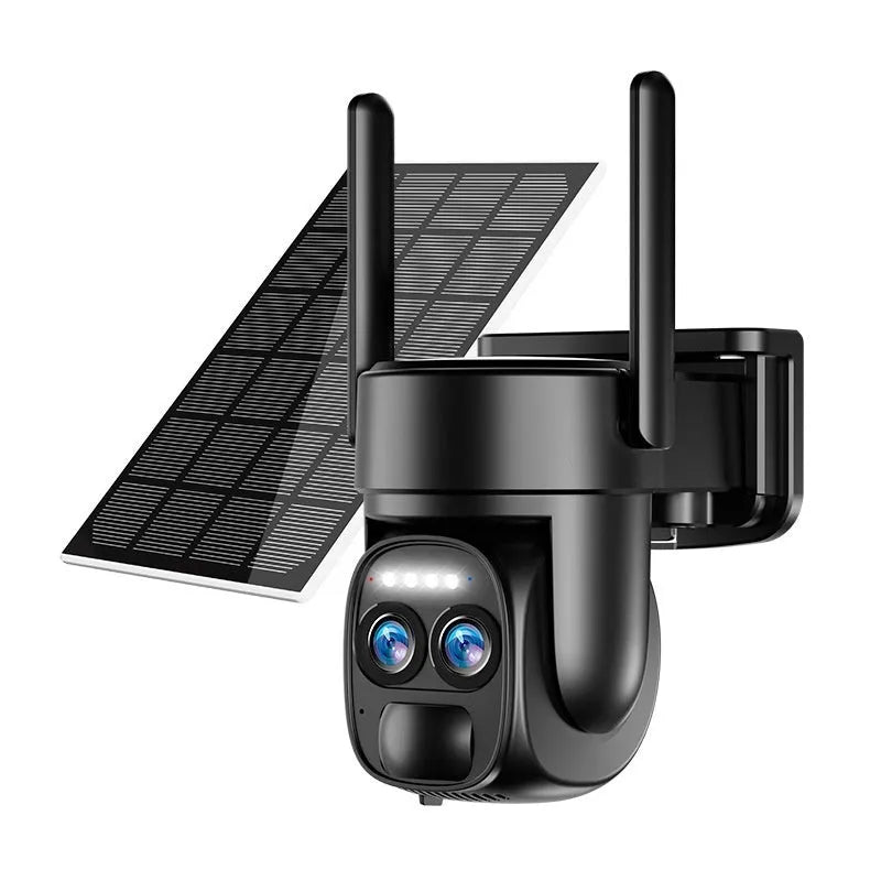 Solar-powered outdoor security camera with 8x zoom lens and dual 4G/WiFi connectivity