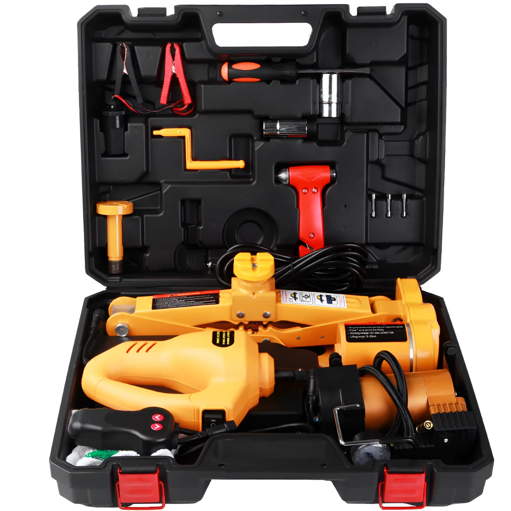 Yellow car electric jack set with electric wrench for vehicle maintenance