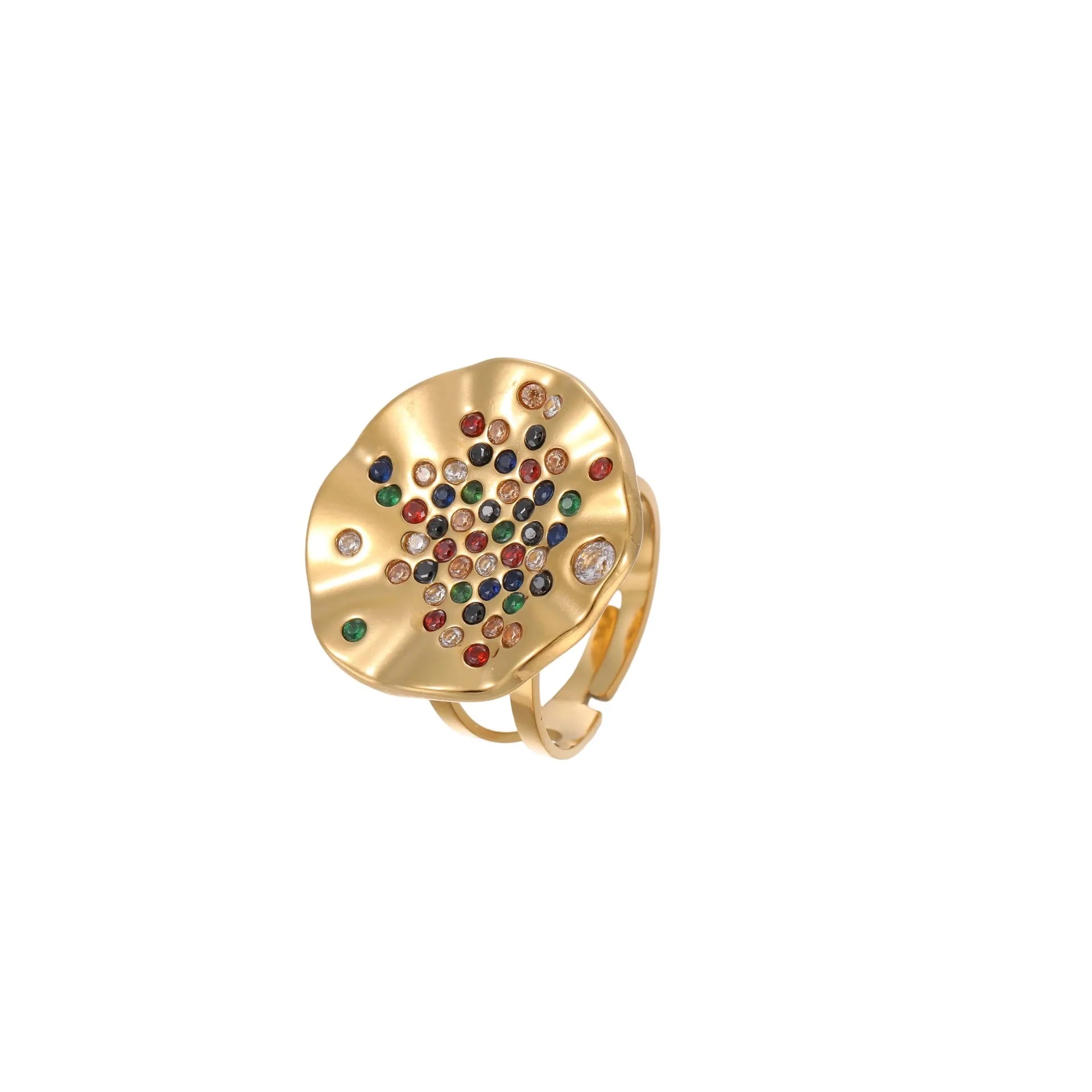 Geometric open mouth ring with pleated detailing and colourful crystal inlay on stainless steel