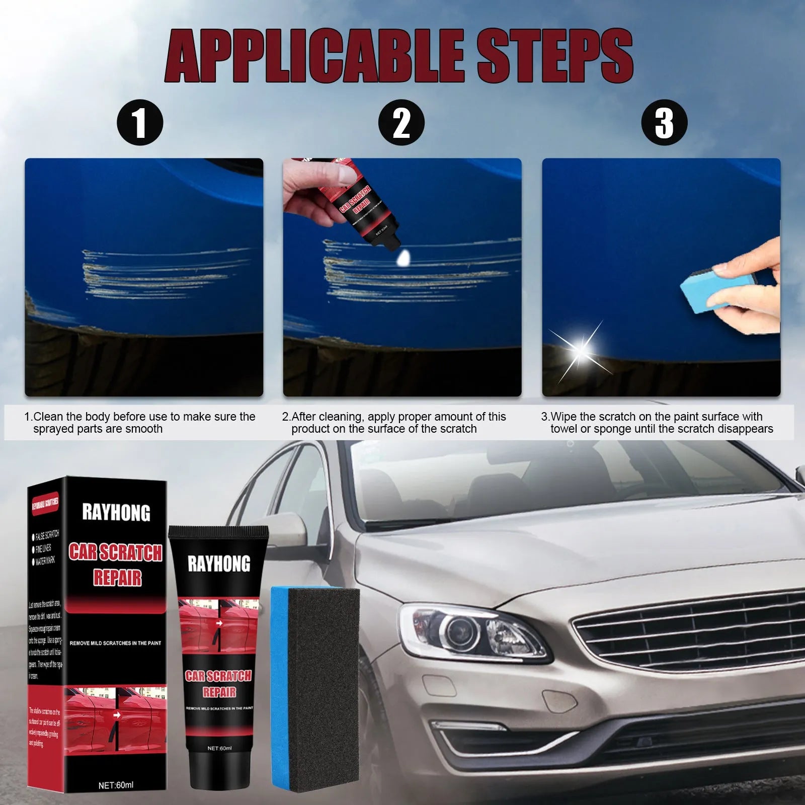 60ml tube of car scratch repair wax with applicator for automotive paint surfaces
