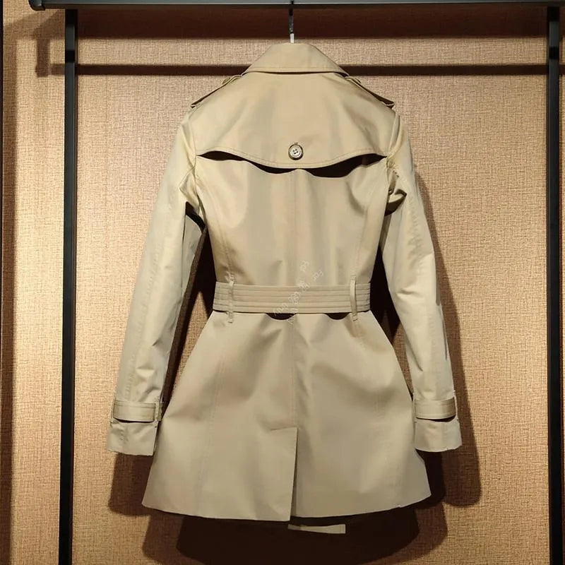 Khaki polyester women's trench coat with double-breasted front and flight sleeves