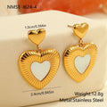 Heart shaped stainless steel earrings with white fritillary pattern and 18K gold electroplated finish