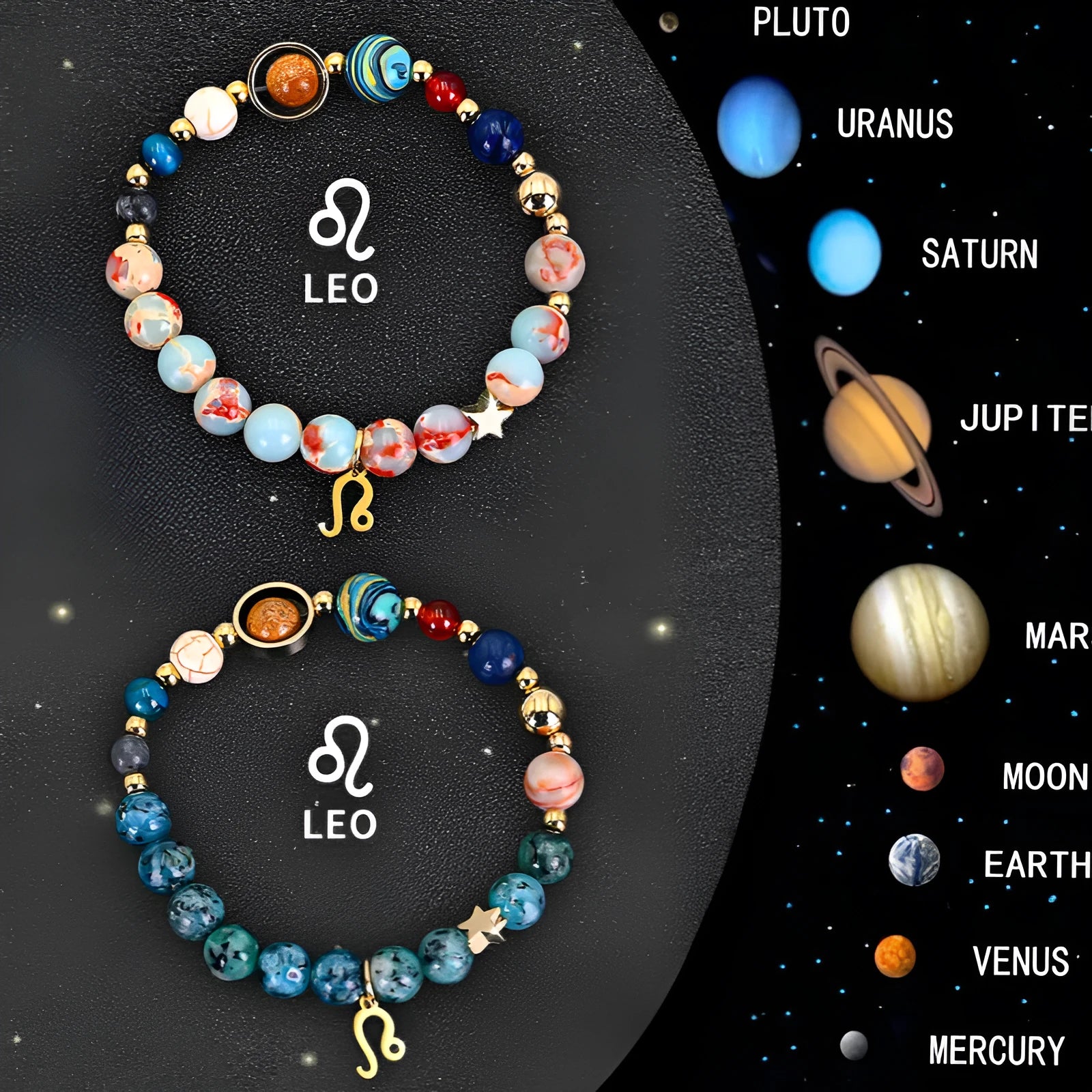Two adjustable natural stone beaded bracelets showing different zodiac sign designs on a table.