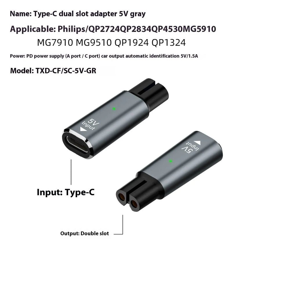 Aluminum alloy charging adapter body for electric shavers with USB C input in black or gray color