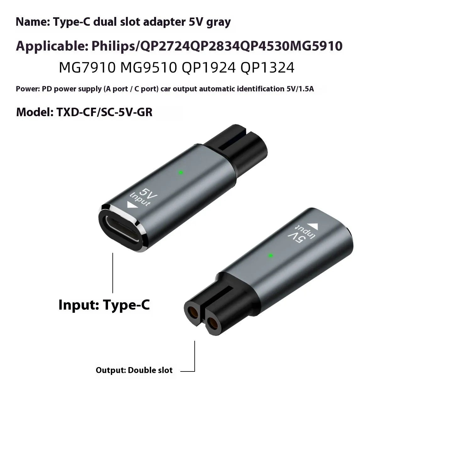 Aluminum alloy charging adapter body for electric shavers with USB C input in black or gray color