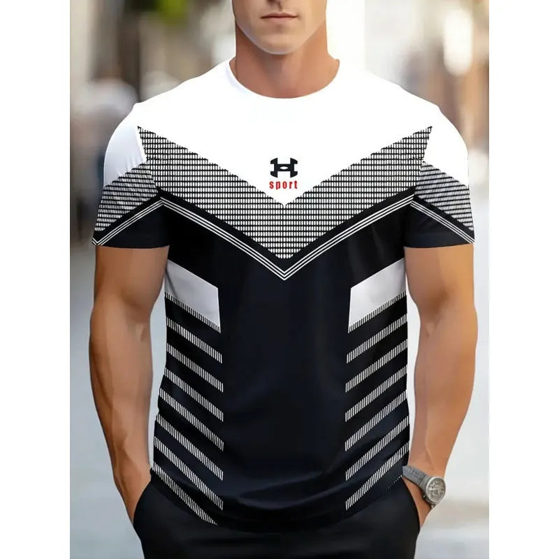 Men's striped short-sleeve T-shirt with digital 3D printing in loose business casual style