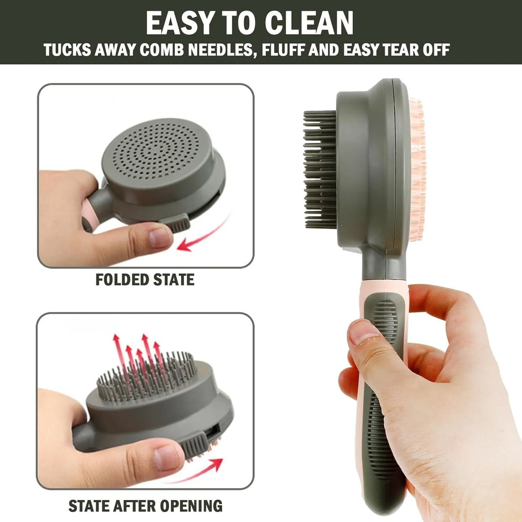 Double-sided cat brush with release button and flea comb in green or pink colours