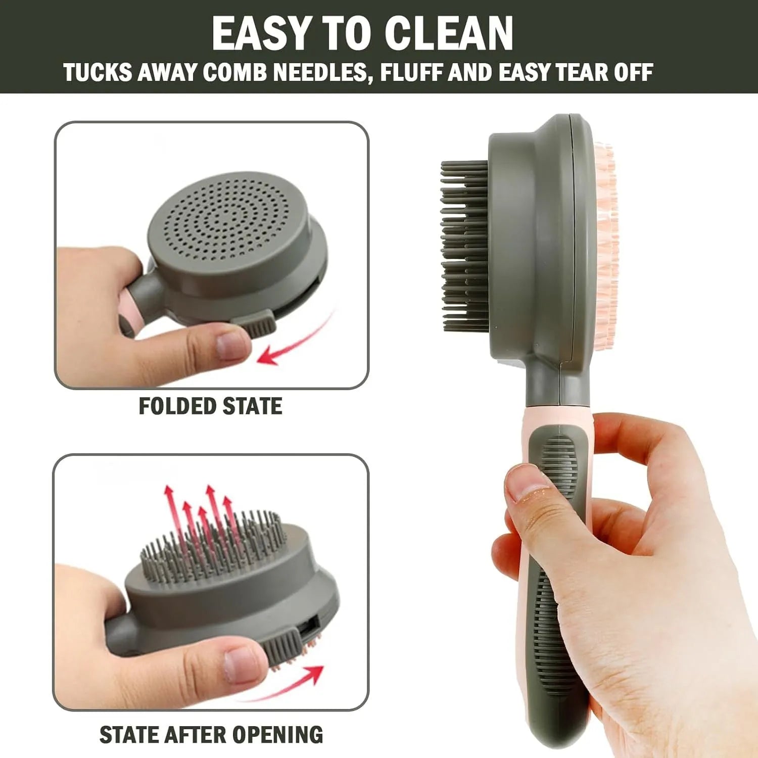 Double-sided cat brush with release button and flea comb in green or pink colours
