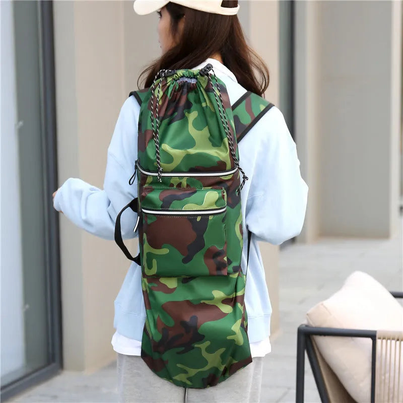 Waterproof nylon skateboard backpack in camouflage colour with 20-35 litre capacity for outdoor sports.