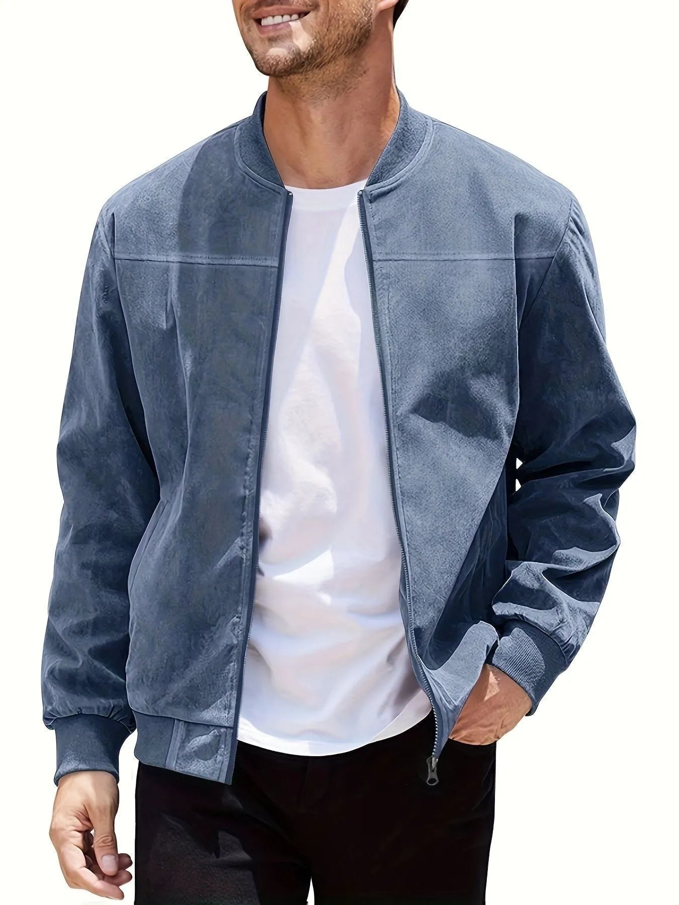 Men's plus size casual suede-look zipper jacket in multiple colour options on a hanger.