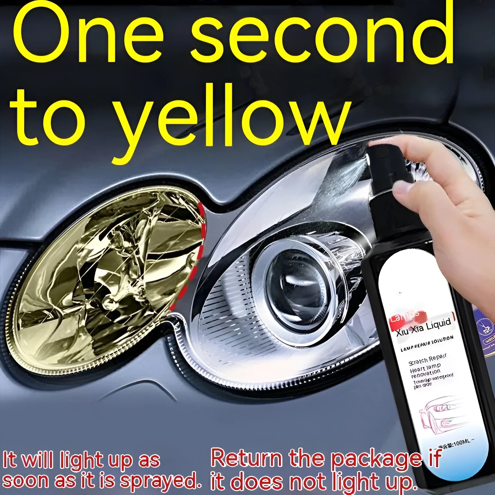 100 ml bottle of car headlight renovation liquid with applicator for plastic lens restoration
