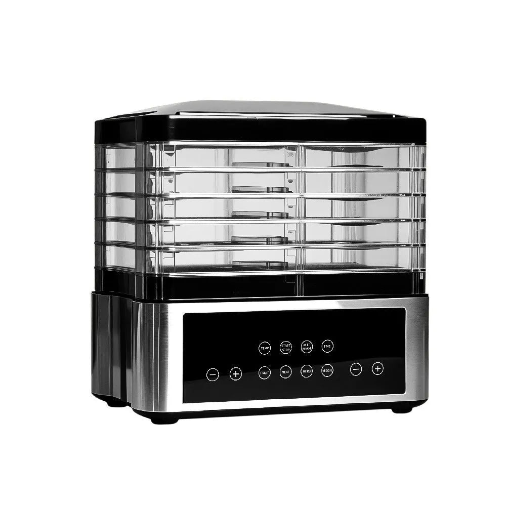Silver stainless steel fruit dehydrator with six drying trays showing temperature control dial