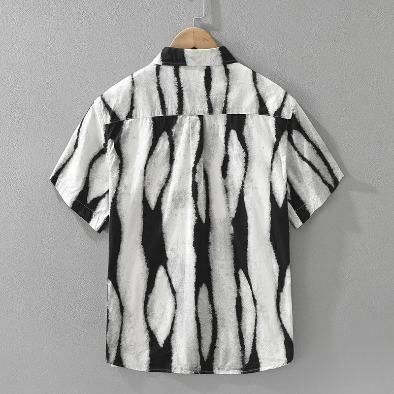 Retro striped pure cotton short sleeve shirt in loose cardigan style, shown in black and brown.
