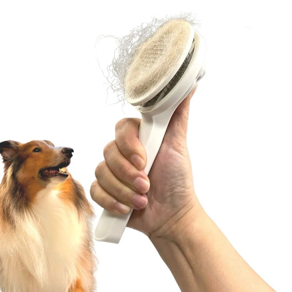 Self-cleaning pet slicker brush with blue ergonomic handle for dog and cat grooming