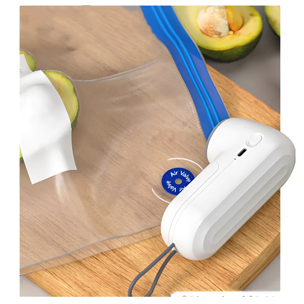 White hand-held vacuum sealing machine with USB charging, compact 54x63x132mm size, ABS plastic construction