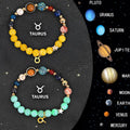 Two natural stone beaded bracelets featuring zodiac sign designs on a textured background.