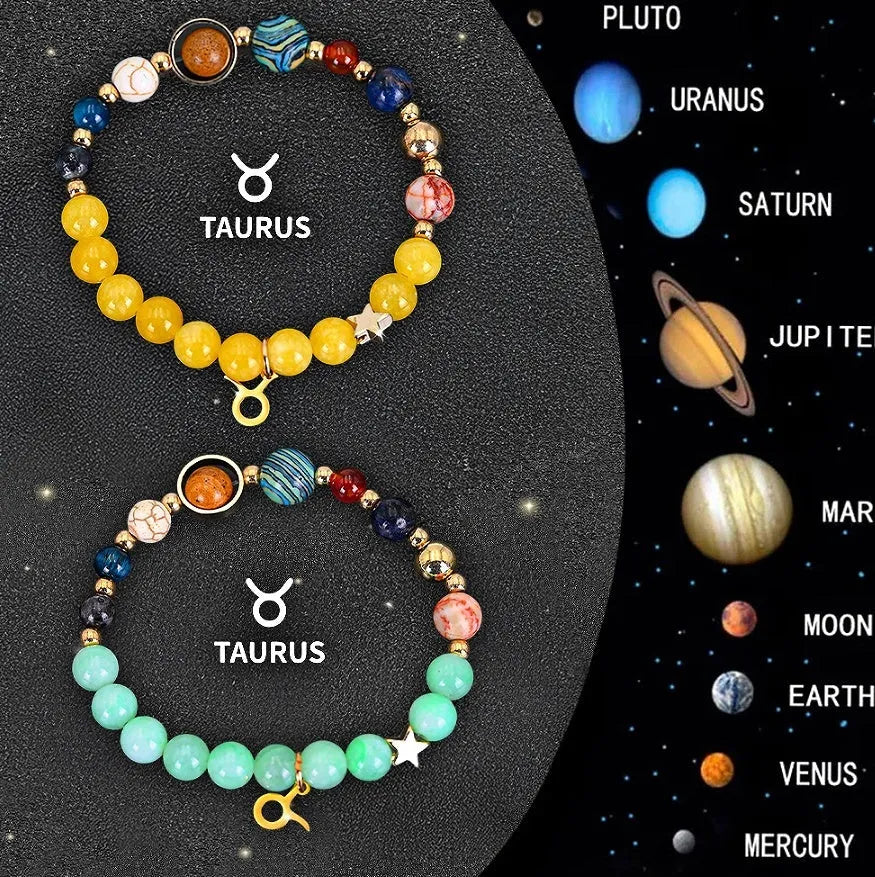 Two natural stone beaded bracelets featuring zodiac sign designs on a textured background.