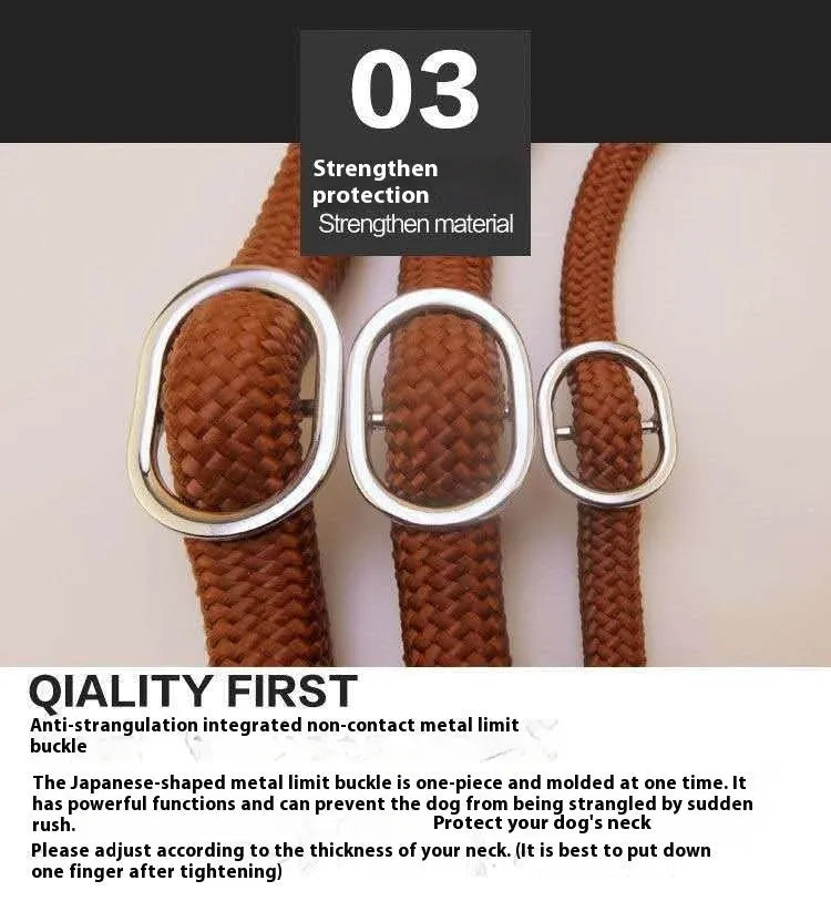 Brown nylon dog leash with chain section and rope handle, 2.1 metres long