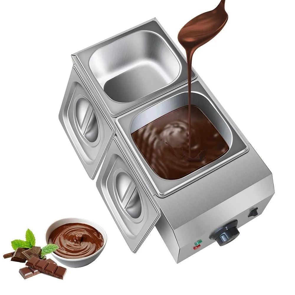 Commercial electric chocolate melting machine with stainless steel tank and digital temperature control display.