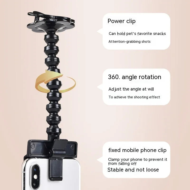 Black pet photography tool with phone clamp and treat holder for cat and dog photography