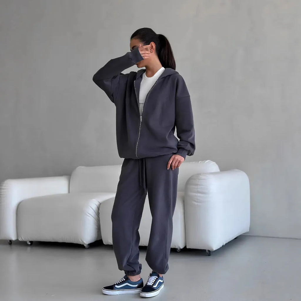 Women's street style long-sleeved coat and trousers two-piece set in solid colour