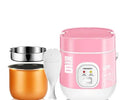 Small round blue automatic rice cooker for one person with steam pan and non-stick inner pot.