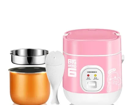 Small round blue automatic rice cooker for one person with steam pan and non-stick inner pot.
